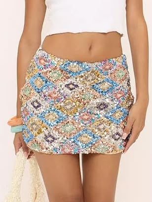 Y2k Sequin Mini Skirt for Women Sparkly Beaded Low Rise Bodycon Micro Skirts Summer Floral Rhinestone Beach Clubwears3