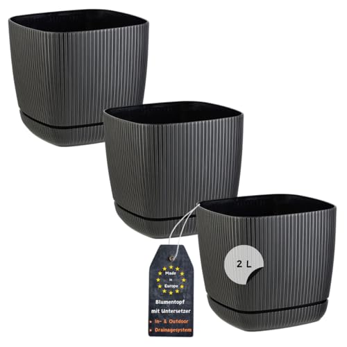 Engelland - 3 x Blumentopf mit Drainagesystem, Untersetzer, Farbe: Schwarz, Rillenoptik, Pflanz-Topf, Kübel, modern, Kunststoff, quadratisch, 15 x 15 cm, 2 Liter Engelland - 3 x Blumentopf mit Drainagesystem, Untersetzer, Farbe: Schwarz, Rillenoptik, Pflanz-Topf, Kübel, modern, Kunststoff, quadratisch, 15 x 15 cm, 2 Liter