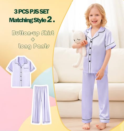 SWOMOG Kids Satin Pajamas Set 3 PCS Girls Boys Silk Sleepwear Short Sleeve Nightwear Long Pant Pjs Loungewear Little Boy 140 CM Lavender3