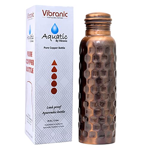 VIBRANICS's Aquatic Copper Water Bottle 34oz - Leak Proof -Perfect Ayurvedic Copper Vessel for Sports, Fitness - Natural Health Benefits - Diamond Hammered Oxidised - Made in India