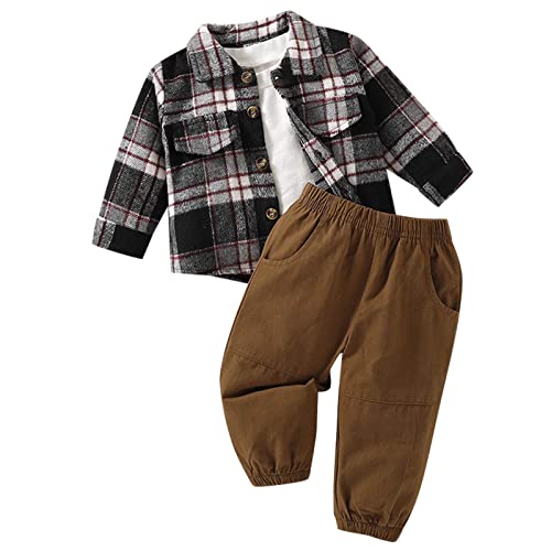 Conjunto de roupa de moletom infantil para bebês meninos com camisa xadrez de manga comprida e calça