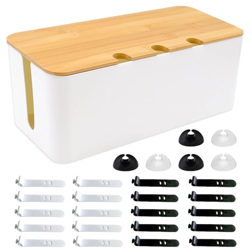 Scatola Portacavi, 32 x 13,6 x 12,7cm Scatola di Stoccaggio del Filo con Coperchio in Legno, Scatola Nascondi Cavi con Fascette e Supporti per Cavi, per Linea di Ricarica, Bianco