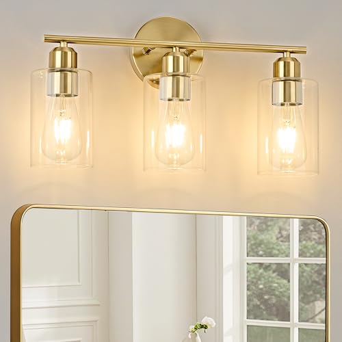 SEABLE 3-Light Bathroom Light Fixtures, Gold Bathroom Vanity Lights, Bathroom Lighting Fixtures Over Mirror with Clear Glass Shade, Wall Sconce Light for Bedroom, Living Room and Hallway