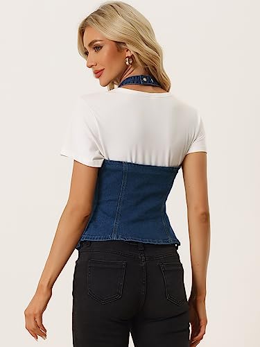Allegra K Denim Vest for Women's Halter Neck Button Down Backless Jean Waistcoat3