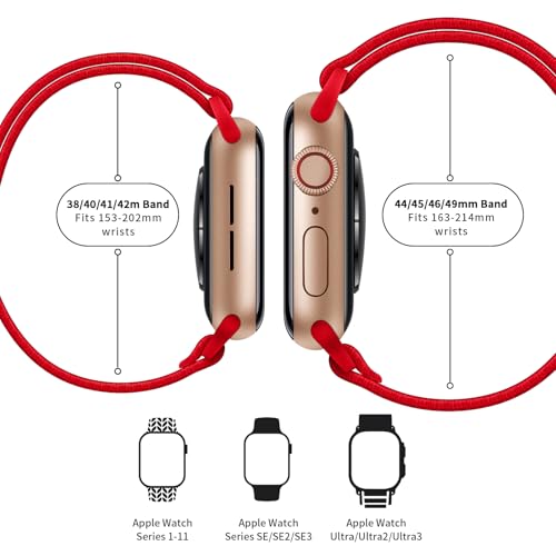 Image of AMANECER Stretchy Nylon Watch Bands Compatible with Apple Watch Series 11 /10 /9 /8 /7 /6 /5 /4 SE 3 /2 /1, Adjustable Braided Elastic Sport Loop Rugged Fabric Straps for iWatch Women Men (Red, 38 /40 /41 /42MM)