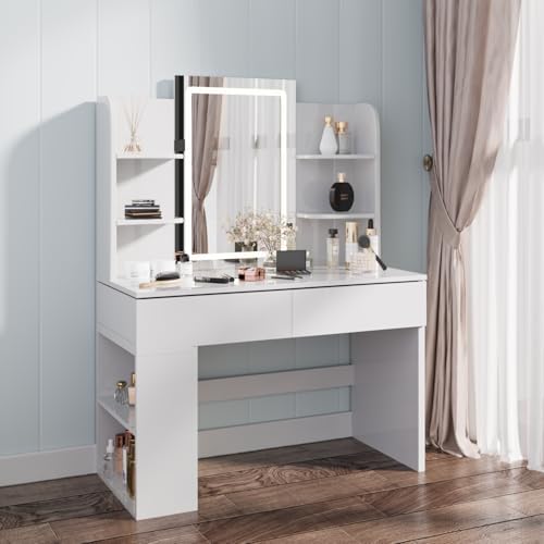 Coiffeuse Avec Miroir LED Réglable - 7 étagères + 1 Tiroir, Rangement Optimisé (blanc, 67x36x138 Cm)