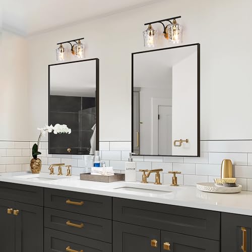 Image of KSANA Bathroom Vanity Lights, 2-Light Black and Electroplated Brass Vanity Light Over Mirror Mid-Century Modern Bathroom Light Fixtures with Textured Glass, 14 inch L x 6.7 inch W x 7.3 inch H