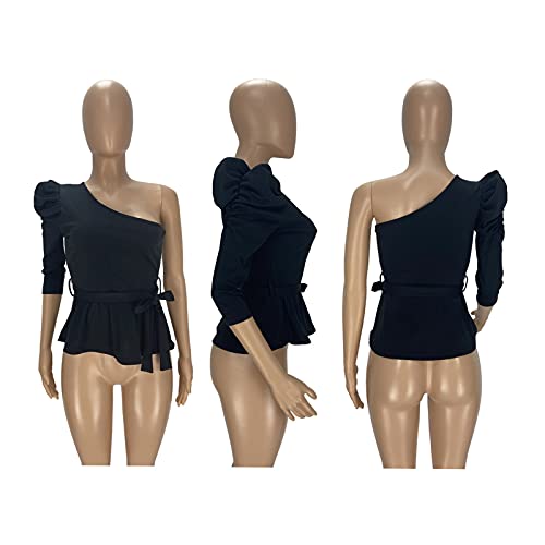 Ekaliy Women Sexy One Shoulder Sleeveless Bodycon High Low Asymmetrical Ruffle Tunics Blouse Shirt Top Dress #TOP26