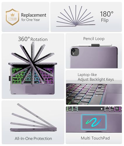 Image of BABG for iPad 10th 11th (A16) Case with Keyboard&iPad Air 11(M4,M3,M2),360Swivel,7 Use Modes,Rainbow Backlight Keyboard for iPad Pro 11(1st /2nd /3rd /4th Gen)&iPad Air 5th /Air 4th-Dark Purple