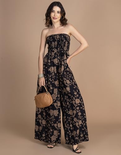 Image of Moomaya Women's Off-Shoulder Printed Rayon Jumpsuit | Sleeveless Indo-Western Romper With Fabric Belt & Pockets