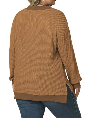 Image of DOLNINE Plus-Size-Tops for Women Casual V Neck Pullover Cute Waffle Knit Lantern Sleeve Sweaters Fashion Side Split Tunics