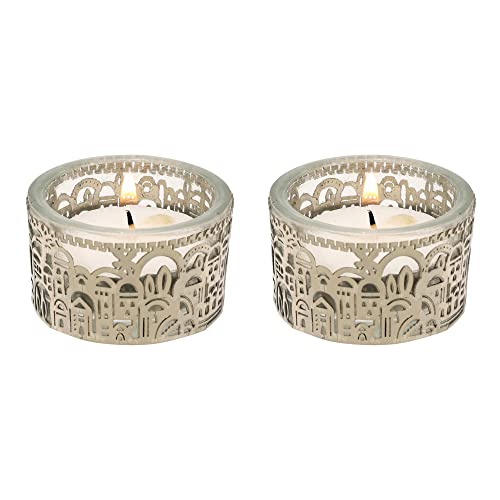 Yair Emanuel Tea Light Candle Holders For Shabbat | Shabbos Candlestick Holders | Glass With Metal Decoration (Jerusalem Silver Csx-3) #TOP12