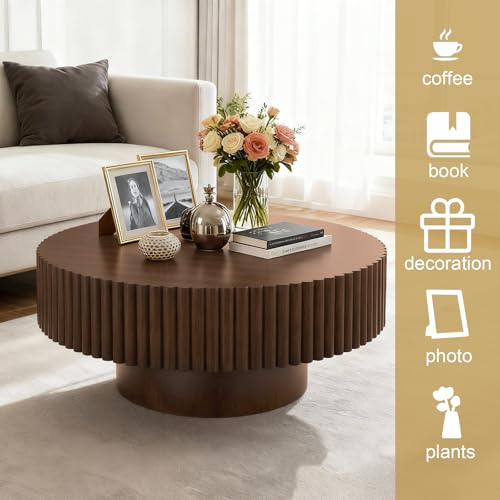 Rovibek Round Coffee Table, 31.5" Wooden Fluted Coffee Table with Fluted Base, Circle Accent Center Table for Living Room Apartment Office Small Space, Easy Assembly, Walnut by Rovibek - Image 4