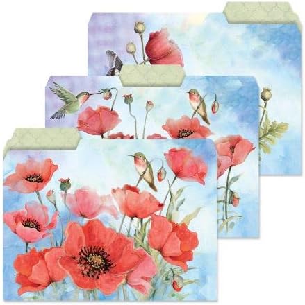 Red Spring Poppies File Folders - Set of 12 (3 Designs) 1/3 Cut Staggered Tabs, Letter Size Designed Folders