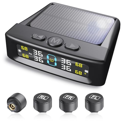 Tire Pressure Monitoring System, Tire Pressure Monitor System with Solar Charge, RV TPMS with 4 External sensors & 6 Alarm Modes, LCD Real-time Display, Auto OFF/ON, TPMS for Trailer/SUV/Truck 0-88PSI