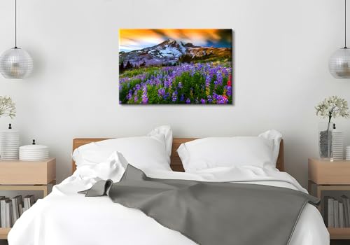 Image of Nature Flowers Landscape Wall Art Mountain Canvas Artwork Purple Floral Picture Wall Decor, Modern Wilderness Scenic Framed Painting for Living Room Bedroom Bathroom Office Home Decoration 24x36 inch
