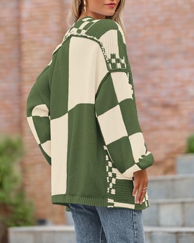 Image of BTFBM Casual Cardigan Sweater for Women Fall 2026 Long Sleeve Open Front Chunky Knit Sweaters Checkered Outwear Coat