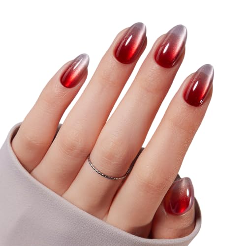 VSALON Press On Nails Short Almond - Cherry Red Cat Eye Ombre Fak...