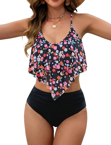 Image of Edelqual Bikini Sets for Women High Waisted Tummy Control Bathing Suit | 2 Piece Swimsuit,Double-layer Ruffled Top,Adjustable Spaghetti Straps,Crisscross Tie Back,Quick-Dry,Color Print,Beach & Pool