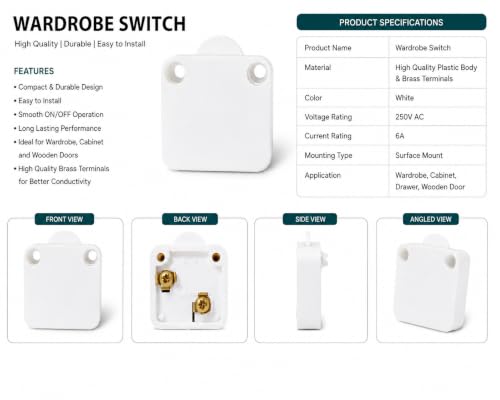 Image of Automatic Wardrobe Cabinet Door Light Switch, Push-to-Off Door Activated Switch for Wardrobe, Closet, Cupboard, Cabinet & Furniture Lights, White, Pack of 8
