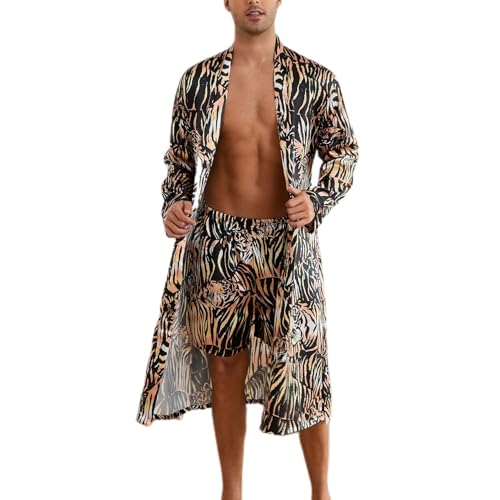 Lu's Chic Men's Long Sleeve Pajamas Soft Satin Robe Pj Shorts 2 Piece Summer Comfy Satin Fall Luxury Thin