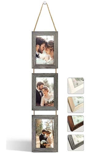 NEOWS Set Cornici Foto Multiple da Parete con Corda - Portafoto Multiplo Decorativo con Cornici in Legno - Collage Foto da Appendere al Muro- Cornici 10x15 cm (Rovere Grigio, 3 Foto Verticale)