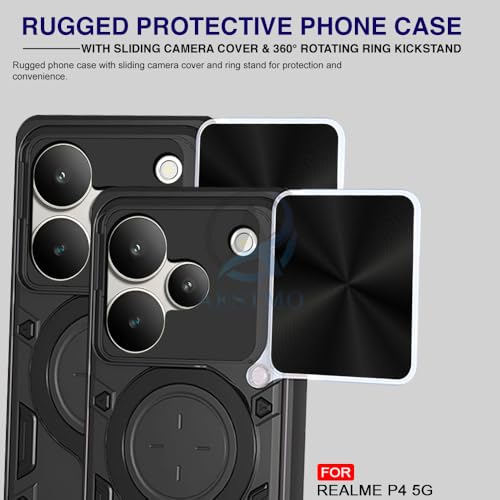 Image of AESTMO Tough Armor Realme P4 5G Bumper Back Case Cover | Ring Holder & Sliding Camera Shield Cover | 360 Degree Protection Back Case Cover for Realme P4 5G (D20 Black)