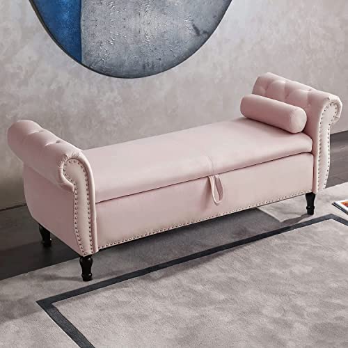 Anwick Modern Chaise Lounge Indoor Chair Tufted Fabric, Elegant Victorian Vintage Style Long Lounger for Office or Living Room, Nailheaded, Sleeper Lounge Sofa (Light Pink)