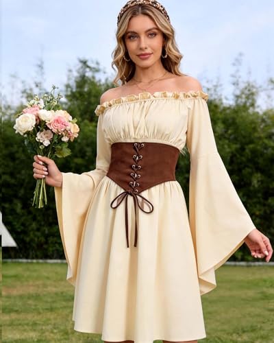 MOSTORY Renaissance Costume for Women - Beige Victorian Medieval Waist Corset Dress for Renfaire Accessories, Off Shoulder Peasant Fairy Dresses with Long Bell Sleeve for Pirate Cosplay - image 2