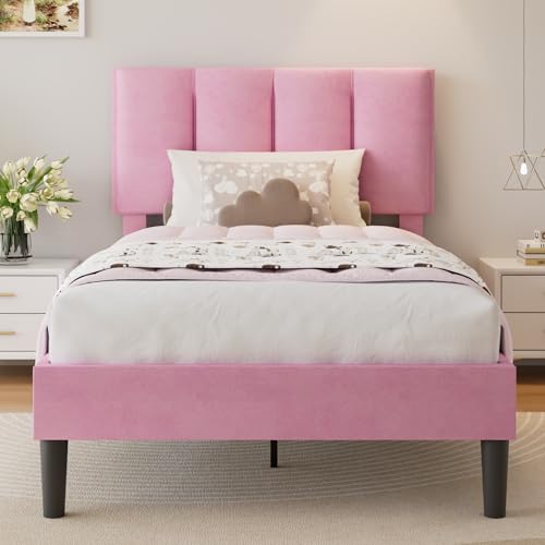 VECELO Twin Size Bed Frame with Upholstered Headboard...