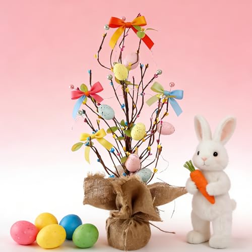 Árbol de Pascua con luces y base de arpillera para mesa de primavera 8