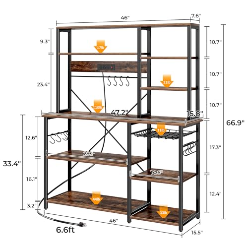 Image of SUPERJARE Larger Bakers Rack with Power Outlets, 6-Tier Microwave Stand, Coffee Bar with 12 S-Shaped Hooks, Kitchen Shelf with Wire Basket, 47.2 x 15.5X 66.9 Inches, Rustic Brown