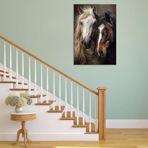Cuadros decorativos en lienzo con retrato abstracto de dos caballos y marco blanco de lujo 3