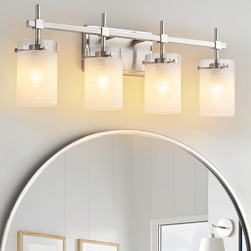 Image of 4-Light Brushed Nickel Vanity Light with White Linen Frosted Glass E26 Socket,Bathroom Light Fixture,Modern Wall Light Over Mirror(Bulbs Not Included)