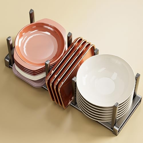 Expandable Kitchen Dish Drainer Rack - Space-Saving Aluminum Plate Organizer for Cabinets & Countertops, Black Drying Holder for Canteens & Drawers (46cm)
