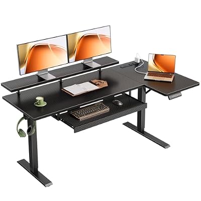 OffiGo 55 Inch L Shaped Electric Standing Desk with Keyboard Tray, Reversible Height Adjustable Corner Computer Desk with Monitor Stand, Sit Stand Up Lift Table for Home, Office, Carbon Fiber Black