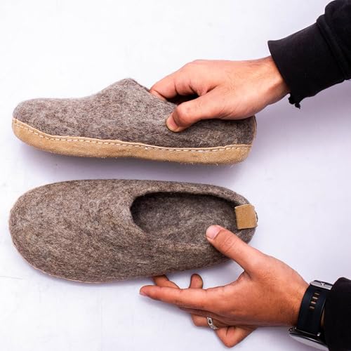 Image of Wool Indoor Slippers - Natural Organic Wool, Genuine Leather Sole, Handmade in Nepal - Cozy, Warm, Soft, Unisex Non-Slip House Shoes for Men & Women - Perfect for Winter Comfort