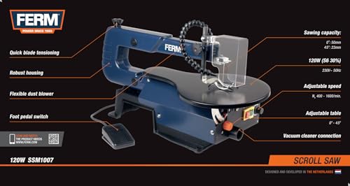 FERM Laubsäge 120W - Fußschalter - 0 - 45° verstellbar - Mit 3 verschiedenen Sägeblättern