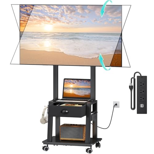 Image of Rolling TV Stand with Power Outlet,Tilt TV Cart with Drawer for 23-60 inch Flat/Curved Screen Up to 50lbs,Adjustable Height Portable TV Stand on Wheels,for Indoor Outdoor,Max VESA 400x400mm