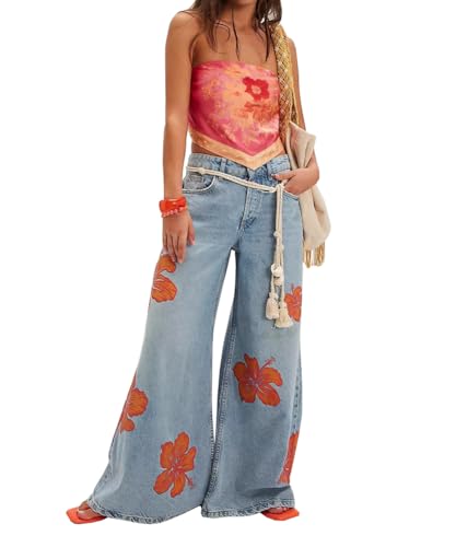 Women's Vintage High Waisted Wide Leg Jeans Baggy Washed Printed Denim Jeans