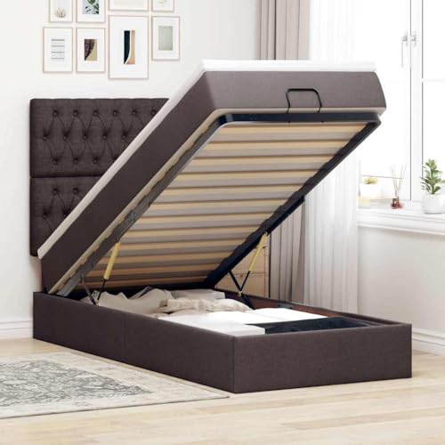 QZZCED Cama Otomana con Colchón de Muelles Ensacados 90x200 cm Tela Poliéster Marrón Oscuro y Cubrecolchón Transpirable, Mecanismo de Elevación Hidráulico para Amplio