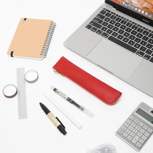 Image of Faux Leather Pencil Case Small Pencil Pouch Slim Pen Case Holder Zipper Bag for School Office(Bright Red)