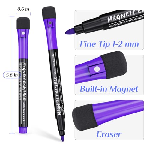 Magnetic Dry Erase Markers Fine Point Tip, 12 Count Colorful White Board Markers Dry Erase Marker with Eraser Cap, Low Odor Thin Marking for Teachers, Calendar Boards, Office, School Supplies
