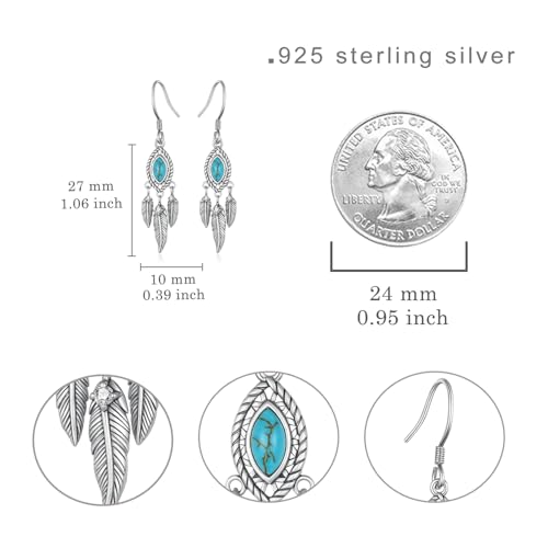Genuine Turquoise Feather Earrings 925 Sterling Silver Western Earrings Vintage Nature Gemstone Real Turquoise Jewelry for Women4