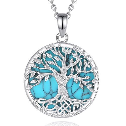 EUDORA Harmony Ball Colgante Árbol de La Vida y Turquesa Plata de Ley 925 Collar de Nudo Celta Árbol de La Vida Vikingo Yggdrasil Joyería Regalo Amuleto para Mujer Hombre Madre Mama Hija, 18 + 2