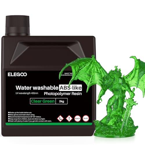 Image of ELEGOO Water Washable ABS-Like Resin, 3D Printer Resin with High Toughness, Low Viscosity and High Precision, 405nm Rapid UV-Curing Photopolymer Resin, Clear Green 2000g