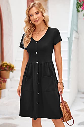 Ouges Womens Summer Short Sleeve Midi Dresses Button Down V Neck Skater Dress With Pockets(Black395,Xl) #TOP3