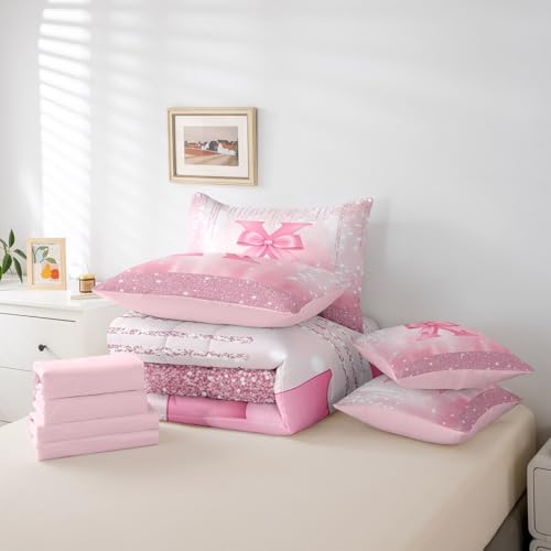 Image of Feelyou Boys Girls Pink Bowknot Bed in A Bag Queen Size, Personalized Initial X 7 Pieces Bedding Set Princess Glitter Comforter Set with Sheets Kids Bow Monogrammed Teens Bed Set Bedroom Decor 7Pcs