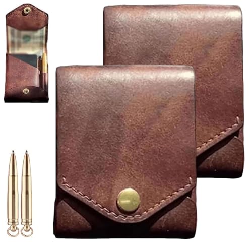 Vintage Handmade Leather Wallet, Multifunctional Handmade Leather Wallet for Men Built-In Pen Slot, Slim Minimalist Men's Wallets (2PCS,One size)
