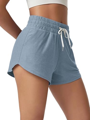 ODODOS Womens Performance Shorts Ultra Soft odSTRATUM Tech Mid Rise Relaxed Shorts with Pocket 3 Inseam Moisture Wicking Dusty Blue Heather Medium
